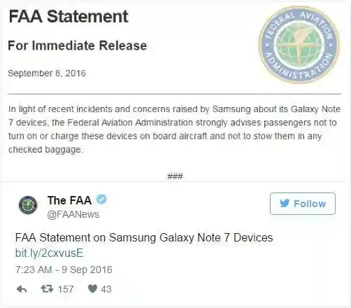 尴尬无比：美空管局担心Galaxy Note7会爆炸 建议乘客不要将其带上飞机